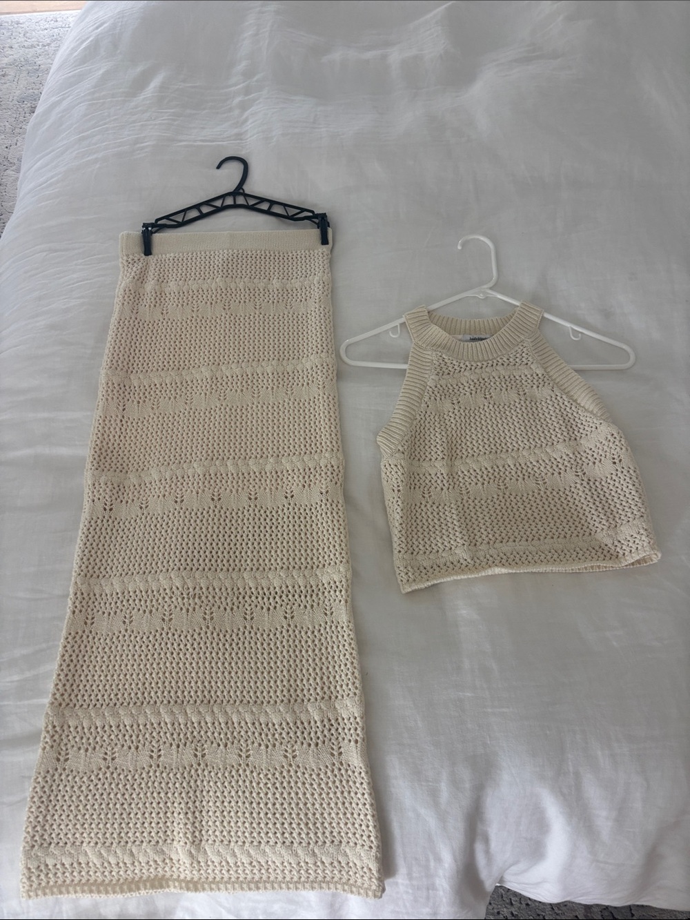 Cream Crochet Knit Two-Piece Set - Sleeveless Crop Top & Maxi Skirt